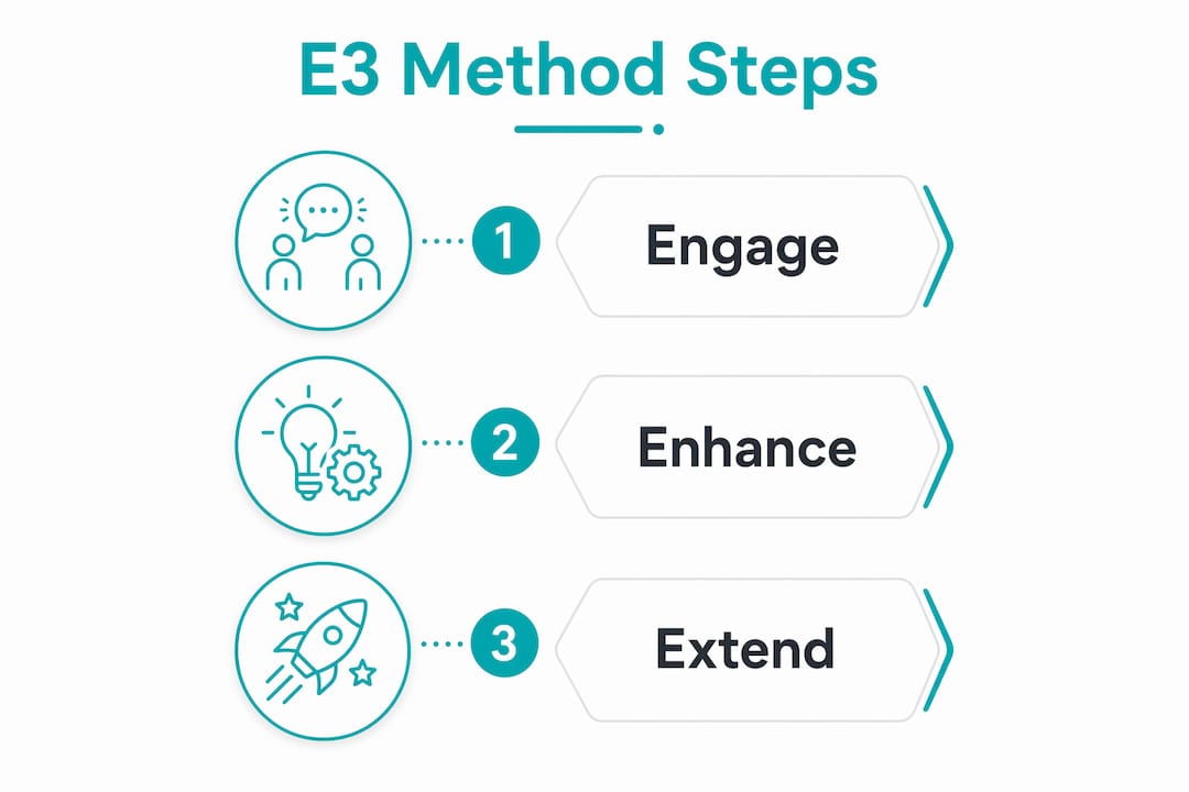 Infographic showing three steps of the E3 Method
