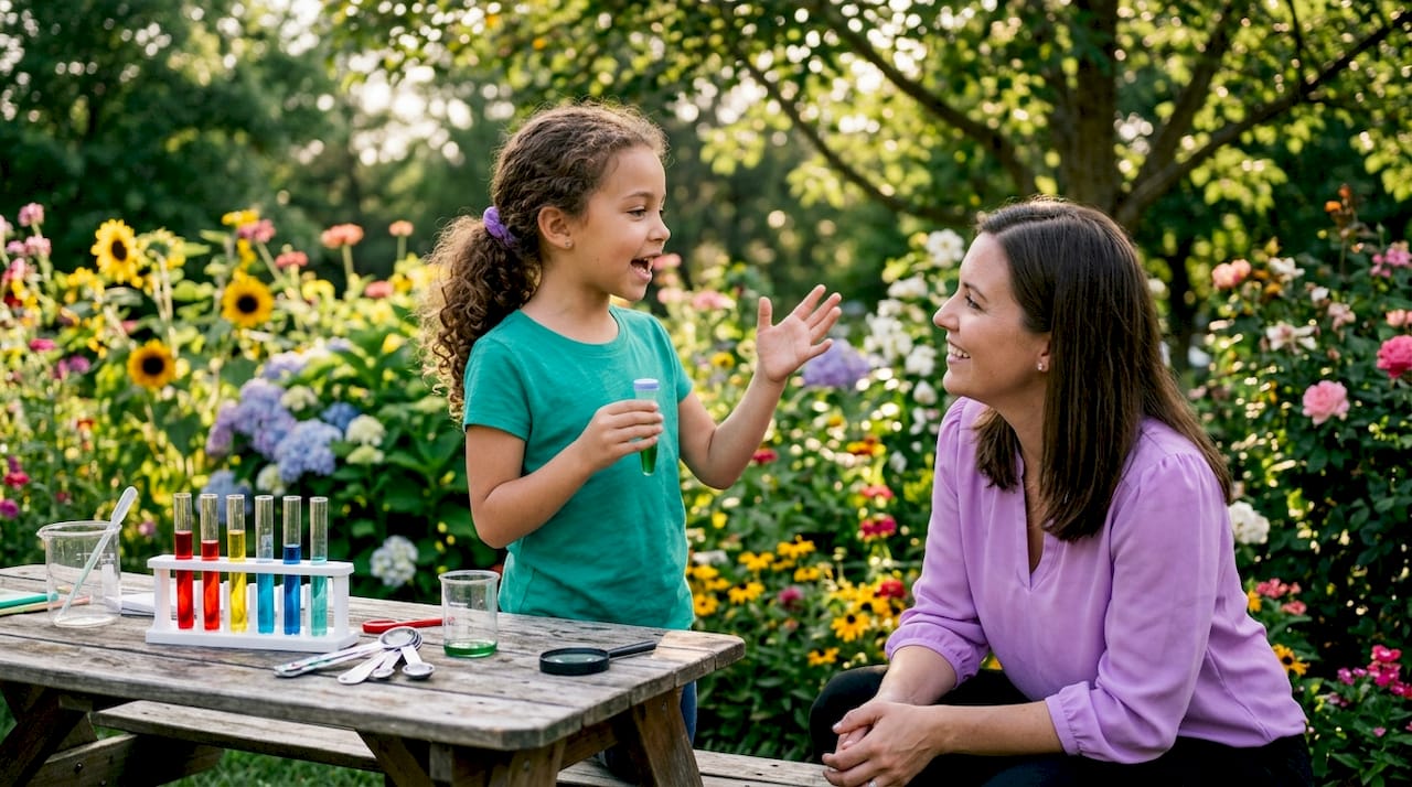 Child explaining STEM experiment to teacher
