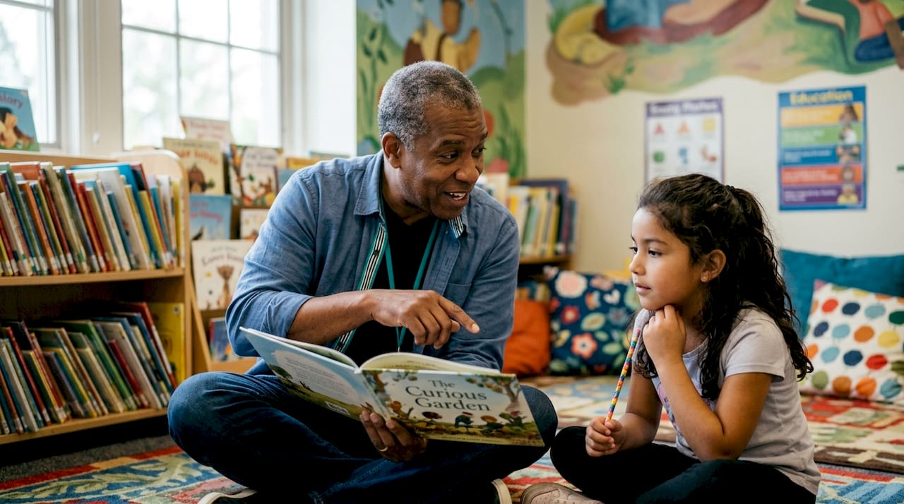 Teacher assisting student with reading difficulties