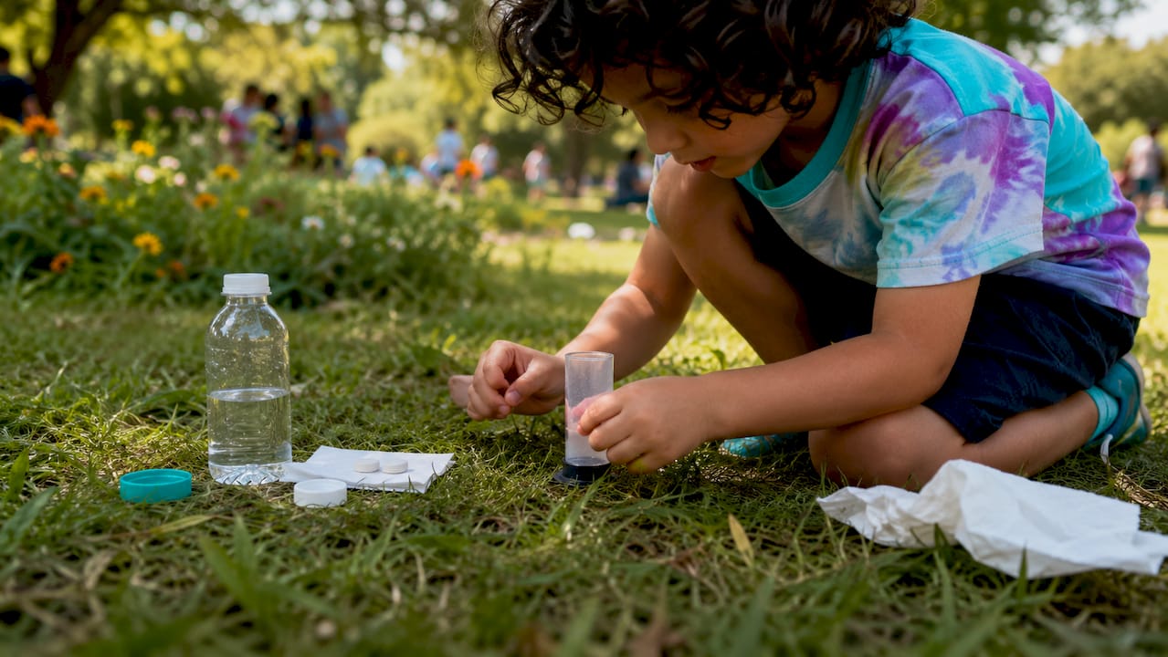 Child launching Alka-Seltzer rocket outdoors