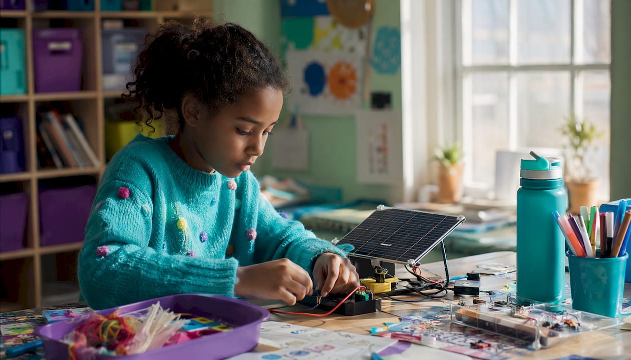 Focused child working on solar science kit at home