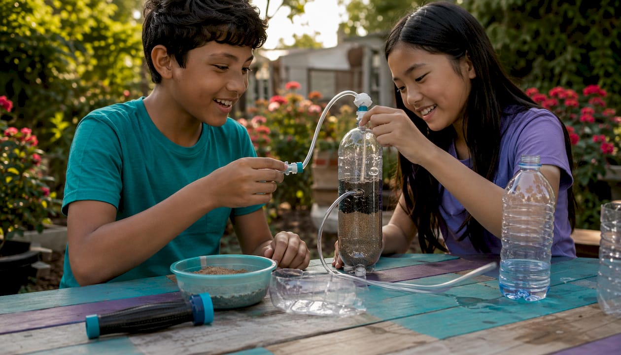Students building water filtration system