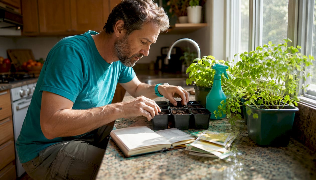 Man arranging small pots on narrow living room windowsill