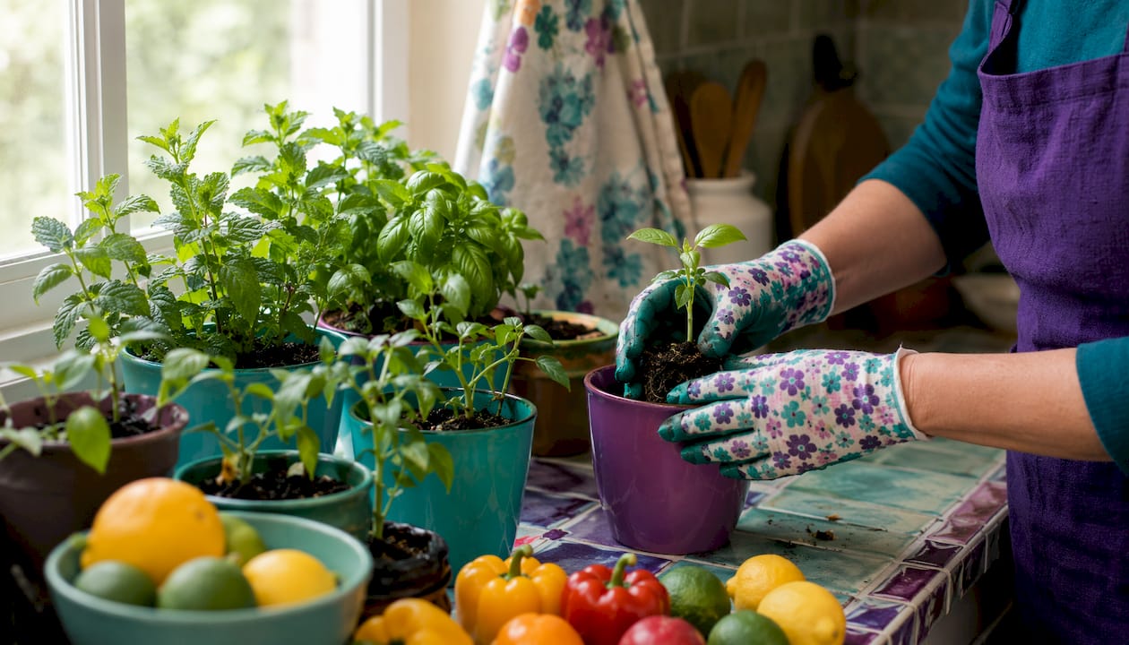 Hands potting compact container plants near window