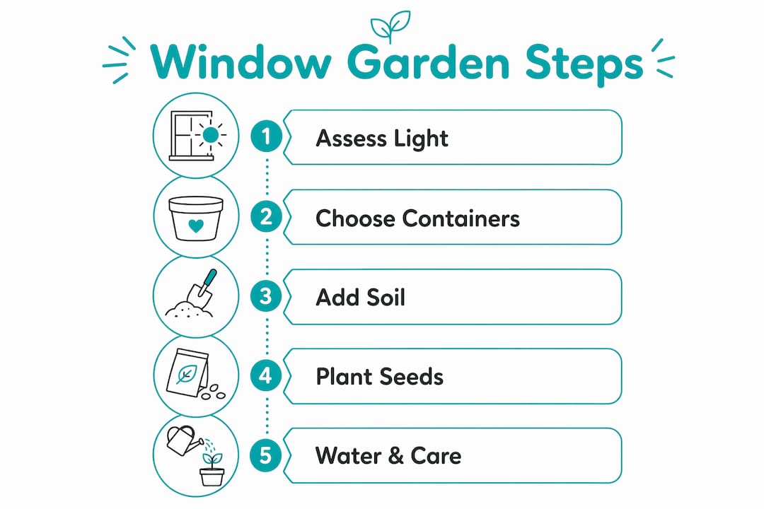 Infographic illustrating step-by-step window garden setup