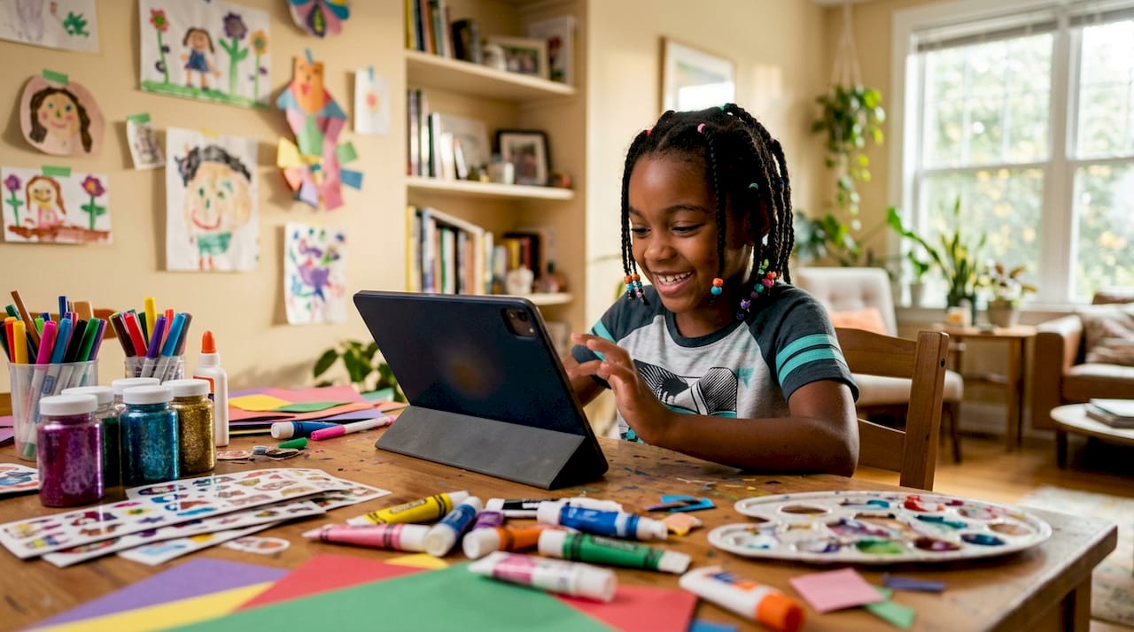 Boy playing online art memory game at desk