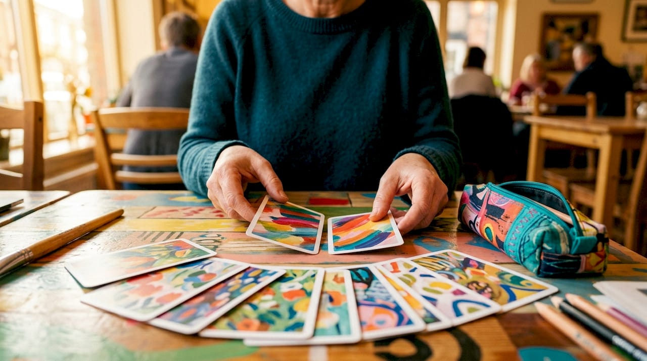 Hands holding physical art memory game cards