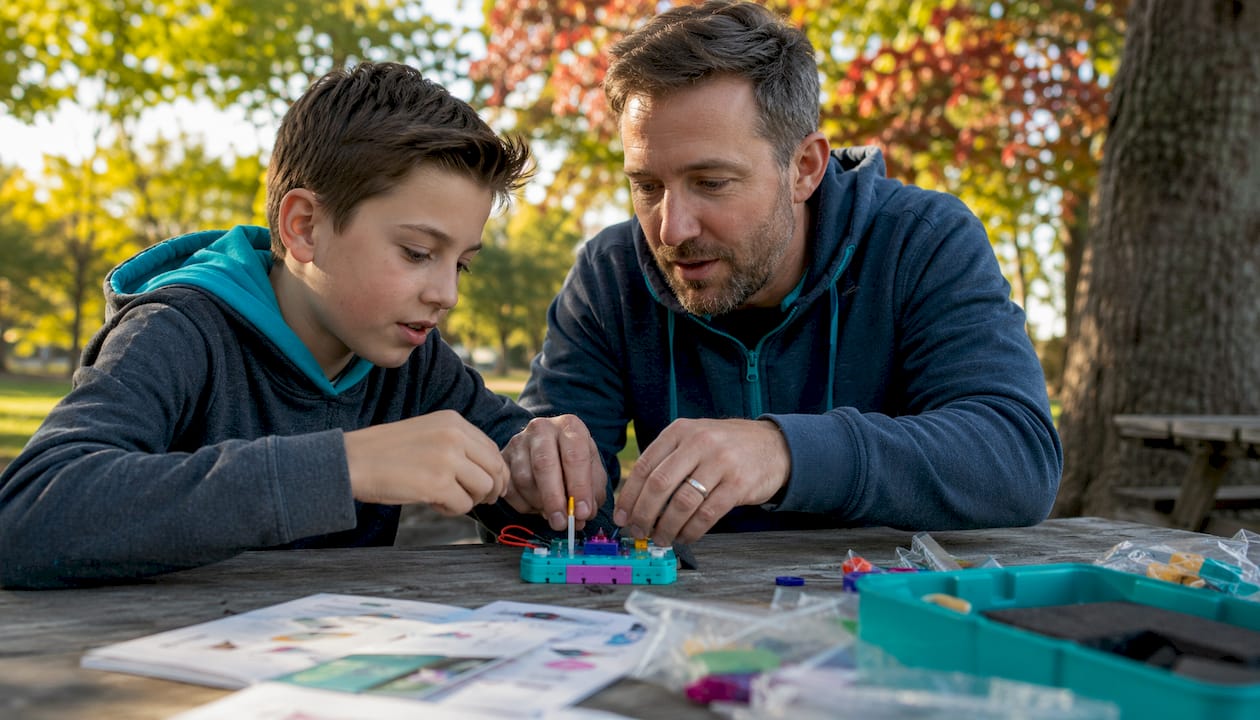 Father and son assembling STEAM experiment kit