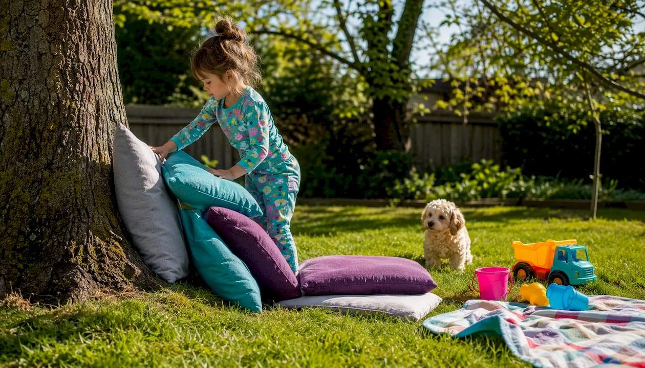 Child constructing simple cushion fort indoors