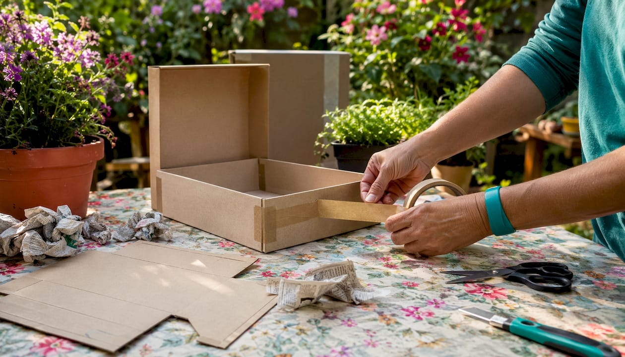Hands assembling sturdy DIY packaging box with eco materials