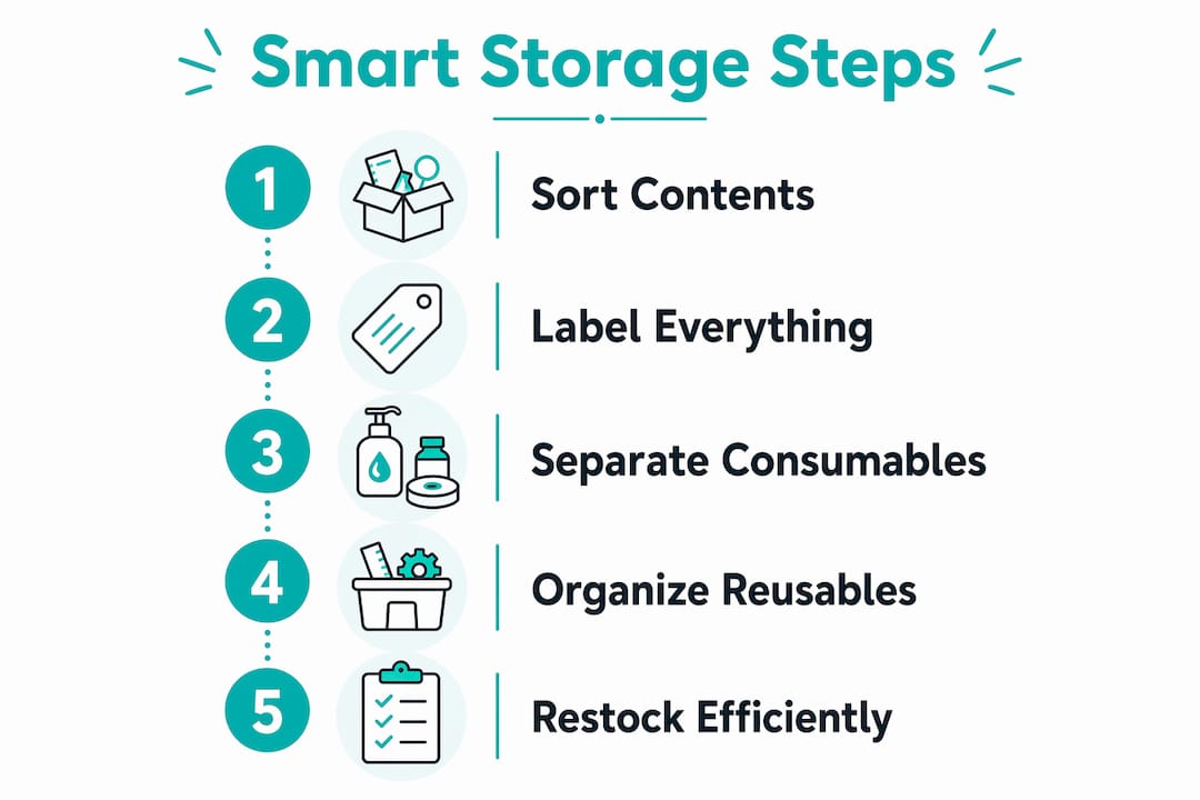 Infographic illustrating smart storage and reuse steps for experiment kits