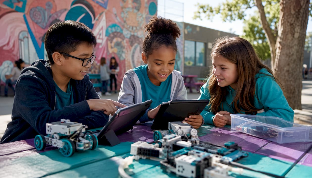 Children coding robots at school table