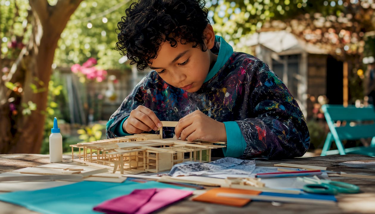 Preteen boy assembling architectural craft kit