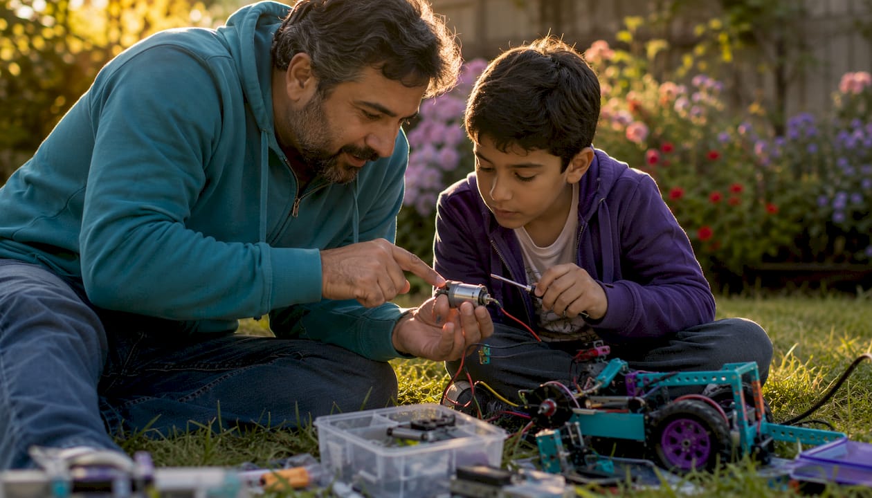 Parent assisting child with science kit project