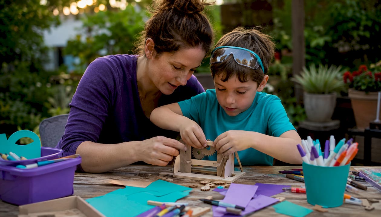 Mother guiding son in hands-on maker activity at kitchen table