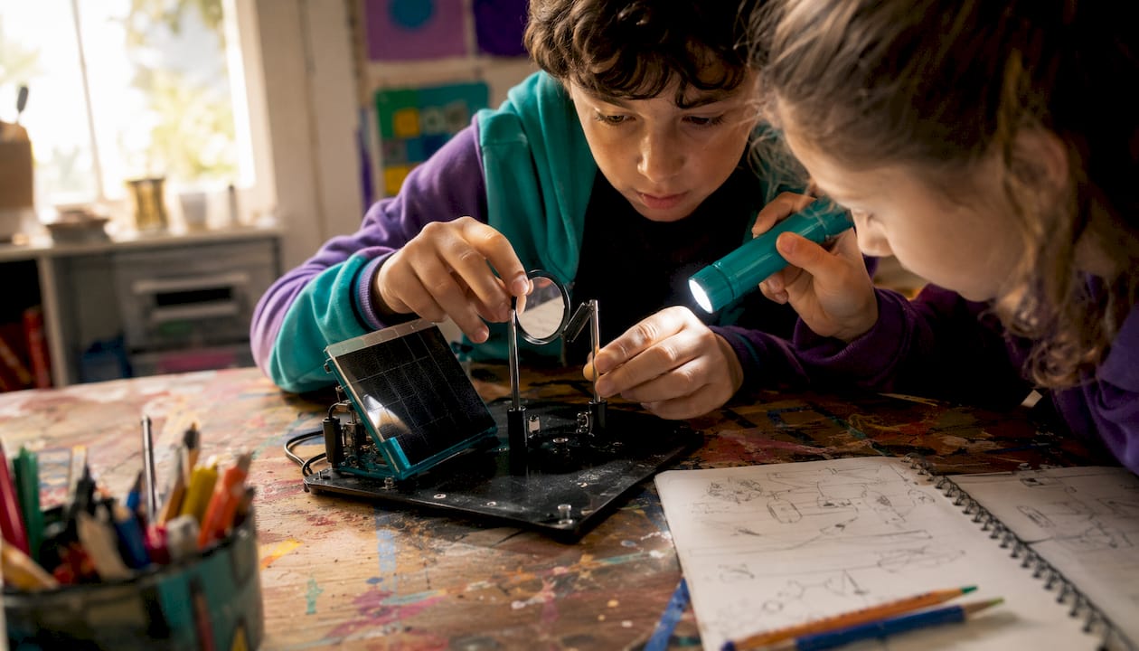 Overhead view of children assembling solar experiment