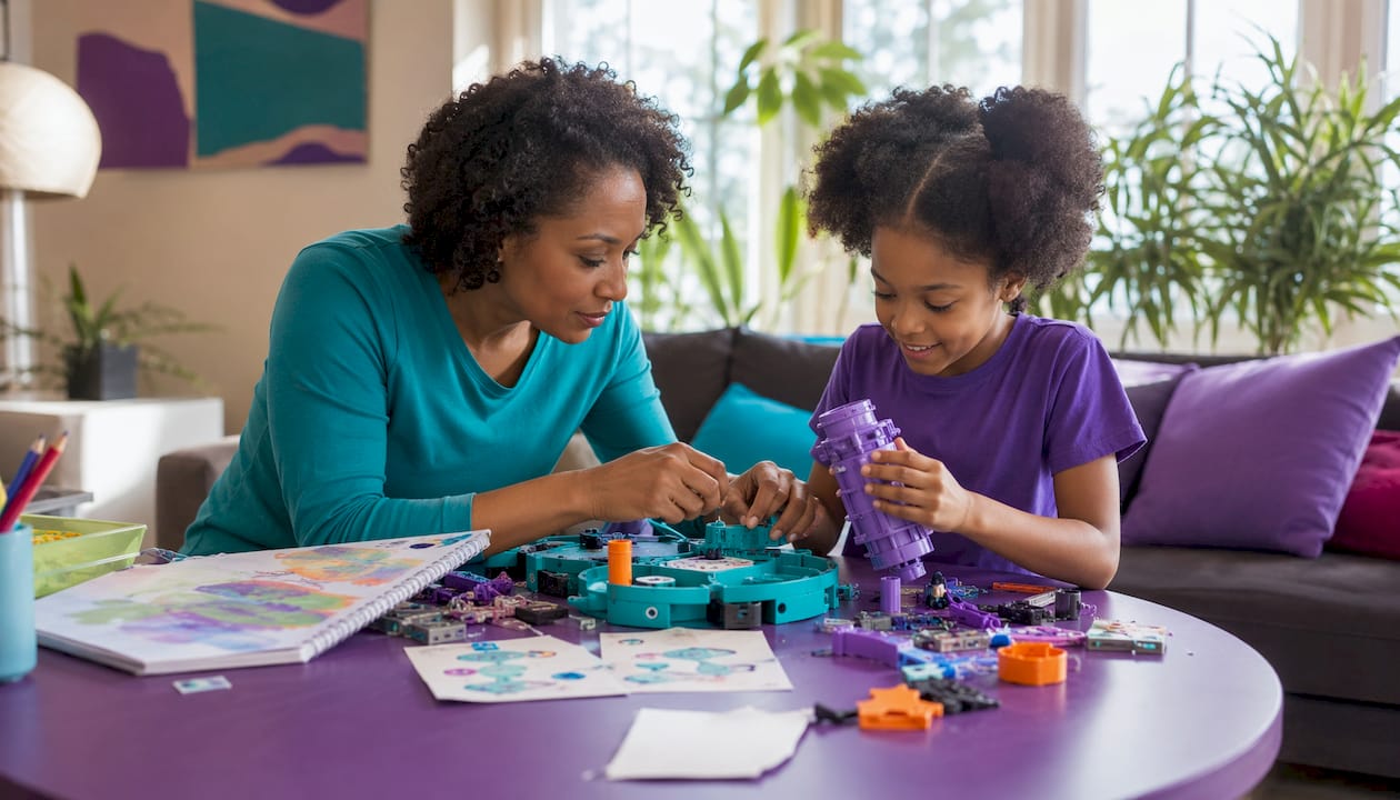 Hands assembling STEAM literacy model kit at home