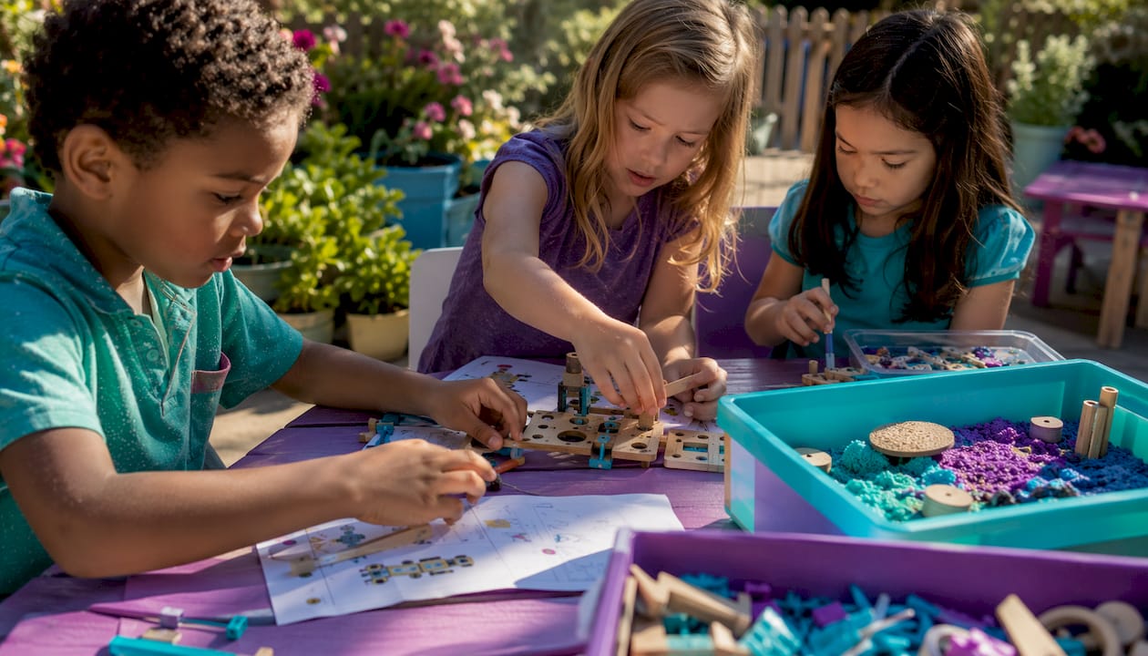 Children collaborating with neuro-affirming STEAM kits