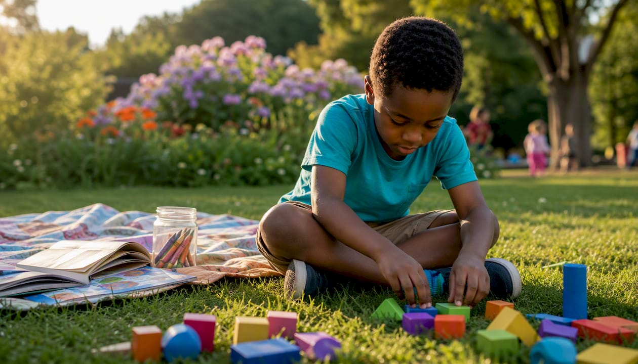 Boy sorting tactile blocks at home
