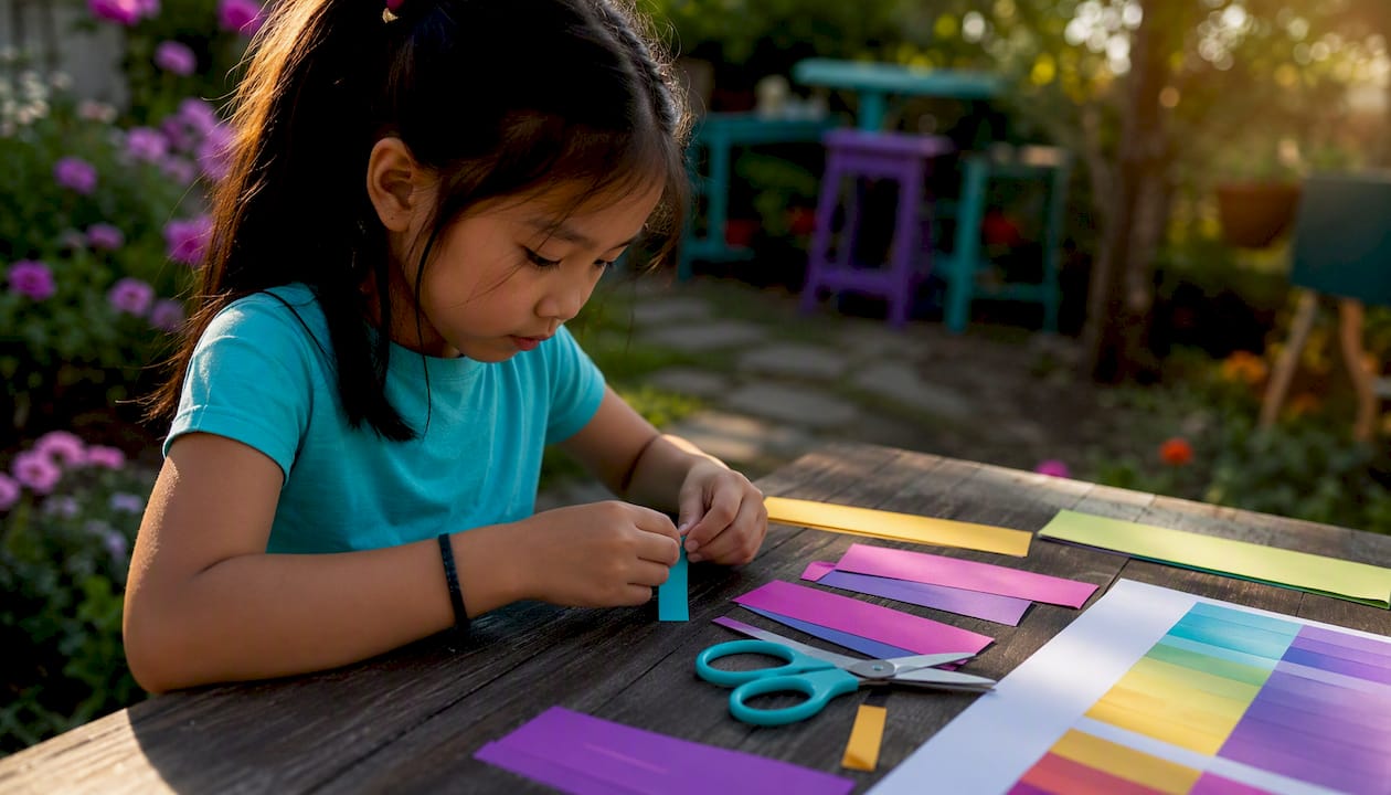 Girl folding paper strips learning fractions