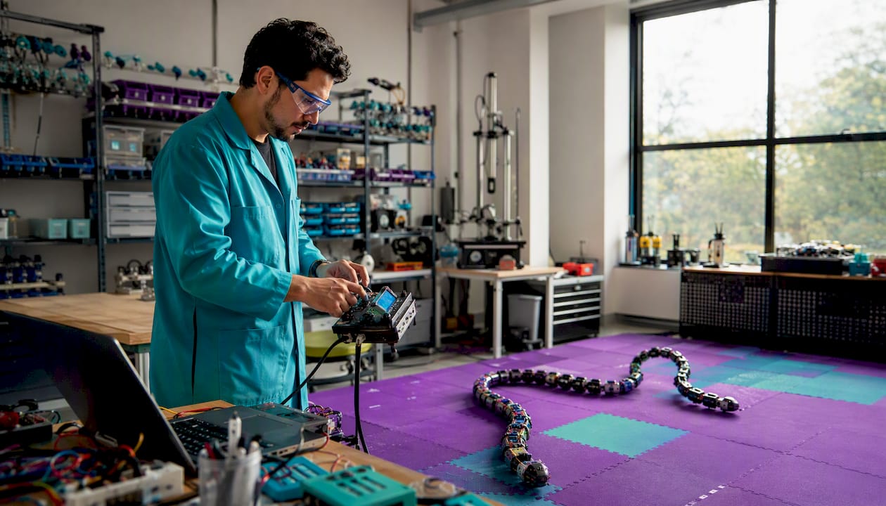 Researcher controlling robotic snake in lab