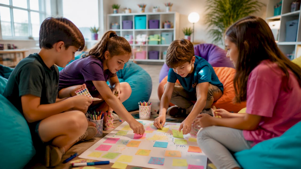 Children conducting CPS session with sticky notes and dot voting