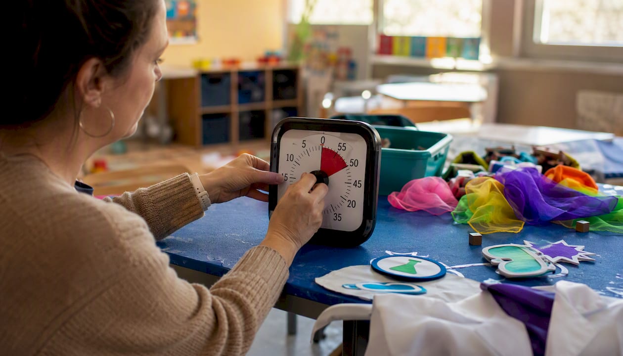 Teacher hands setting timer for role-play