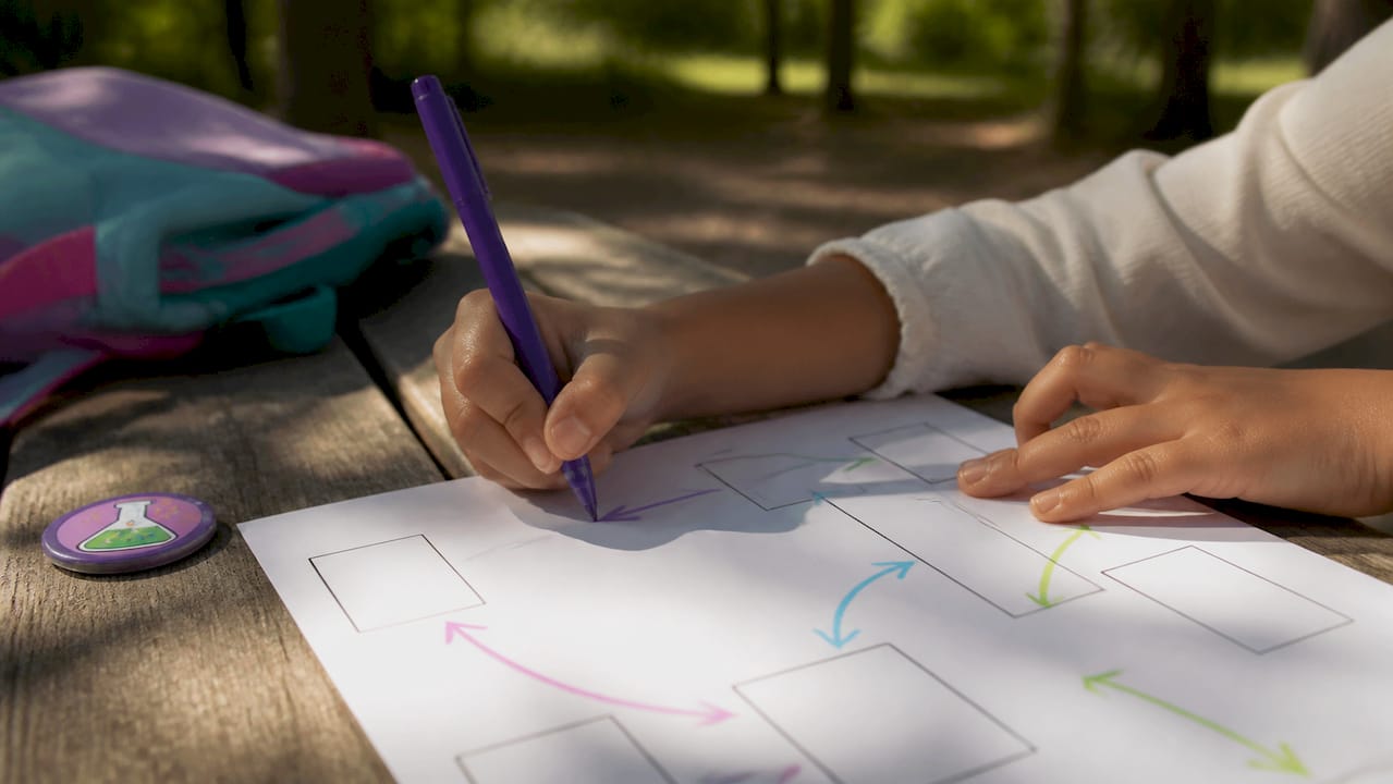Child hands drawing cause-effect chart