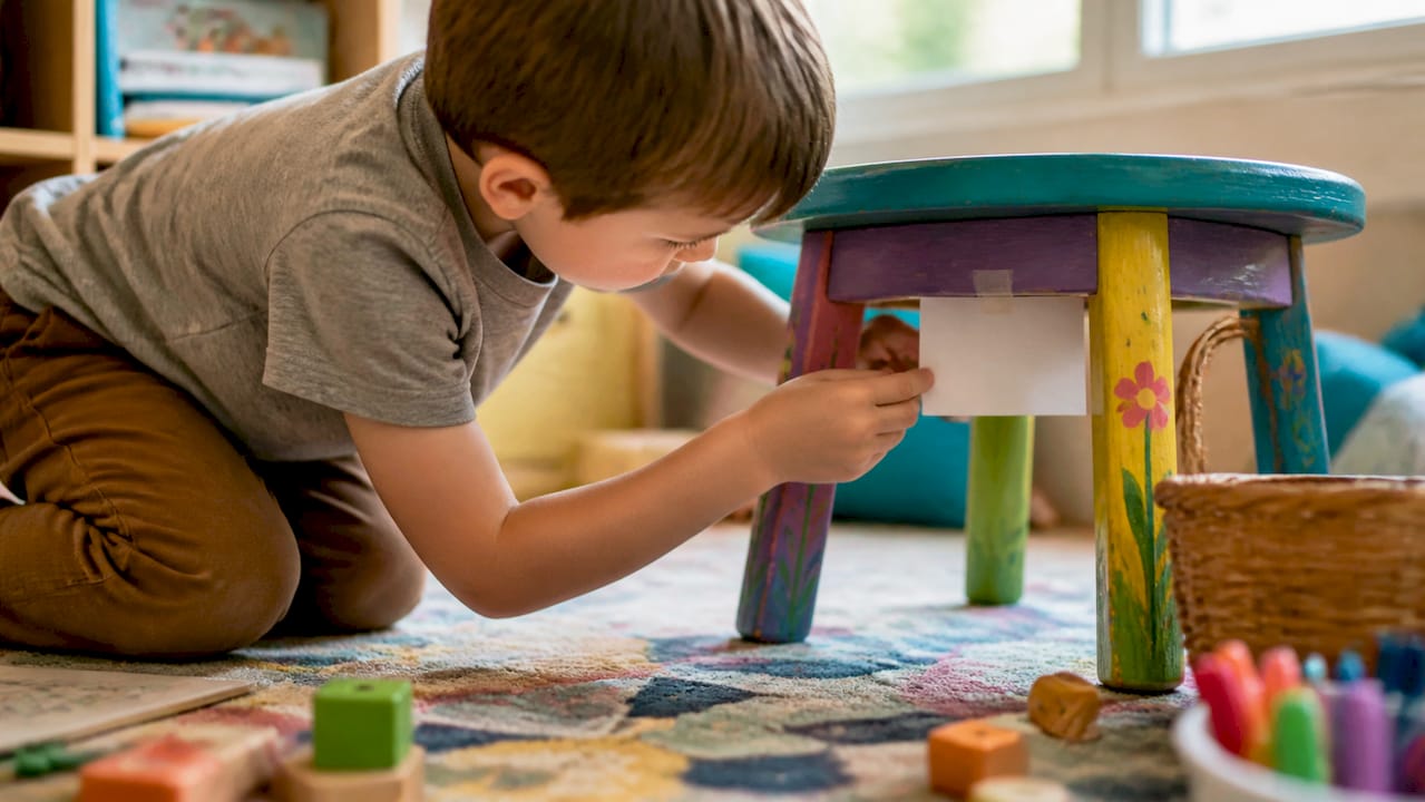 Child discovering scavenger hunt clue at home