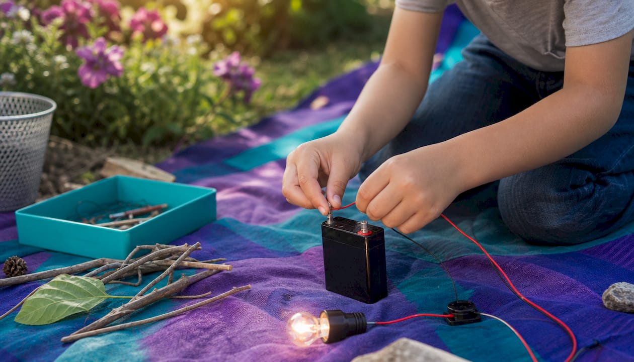 Child hands assembling basic electrical circuit