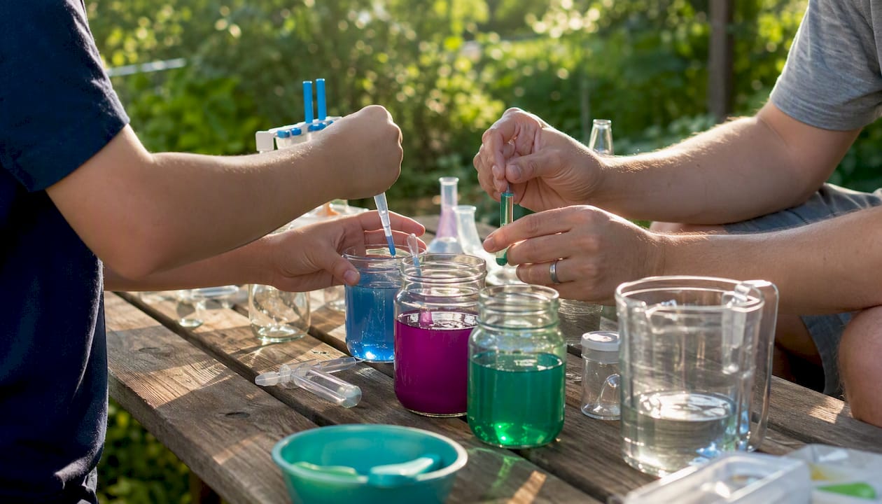 Hands of parent and child doing science experiment