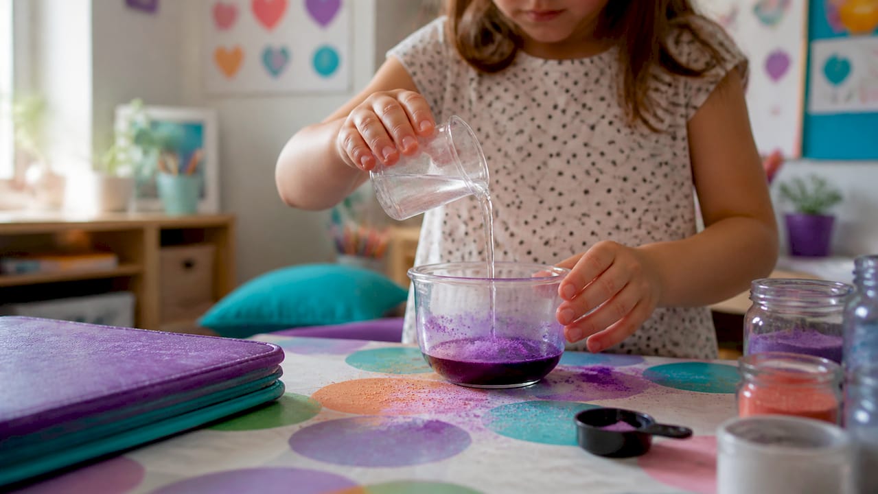 Child hands pouring liquid in science experiment