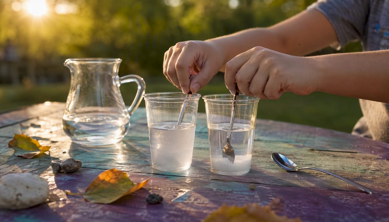 Child hands stirring cups with salt and sugar