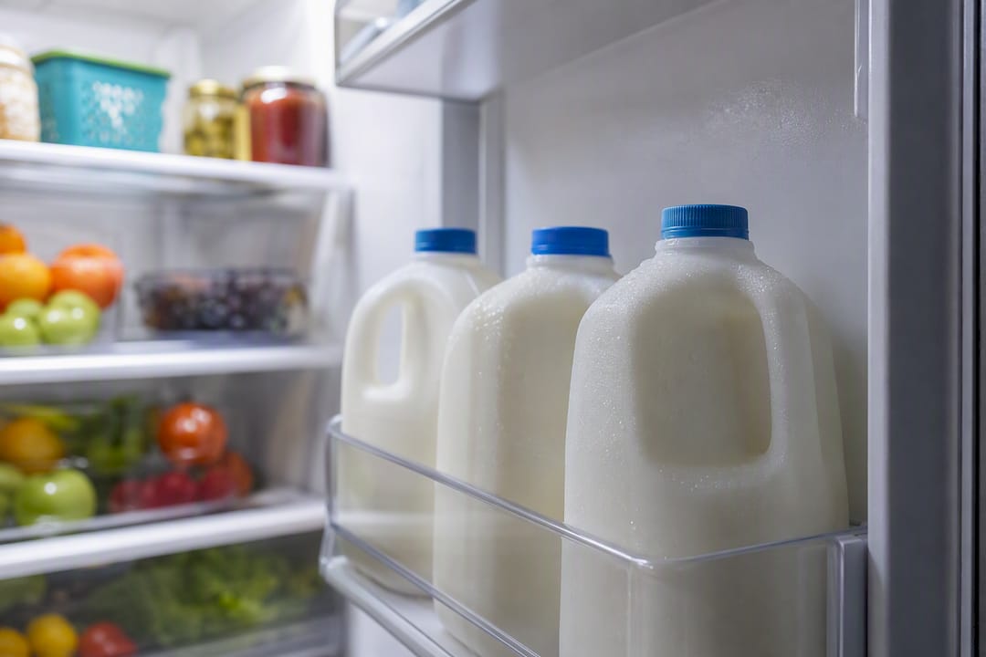 Milk containers on refrigerator interior shelf