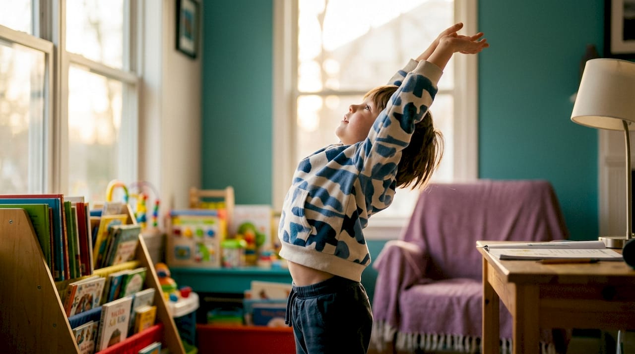 Child stretching during study break