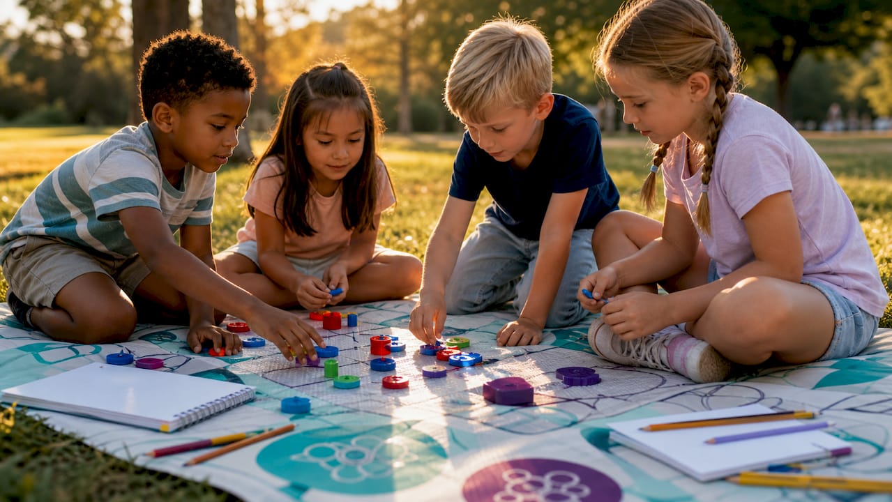 Children hands with magnets and journals in science activity