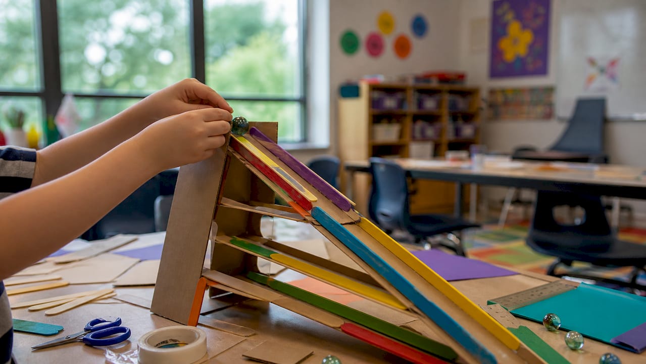 Child hands placing marble on cardboard ramp