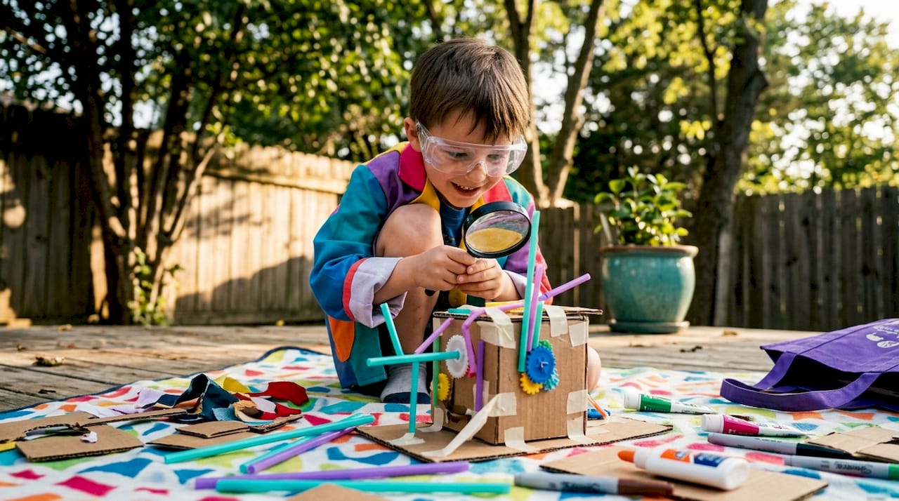 Child role-playing as engineer with cardboard model