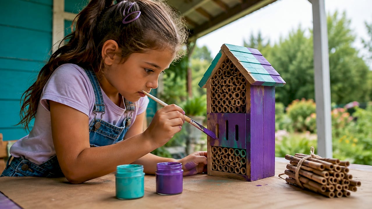 Child painting an outdoor insect habitat