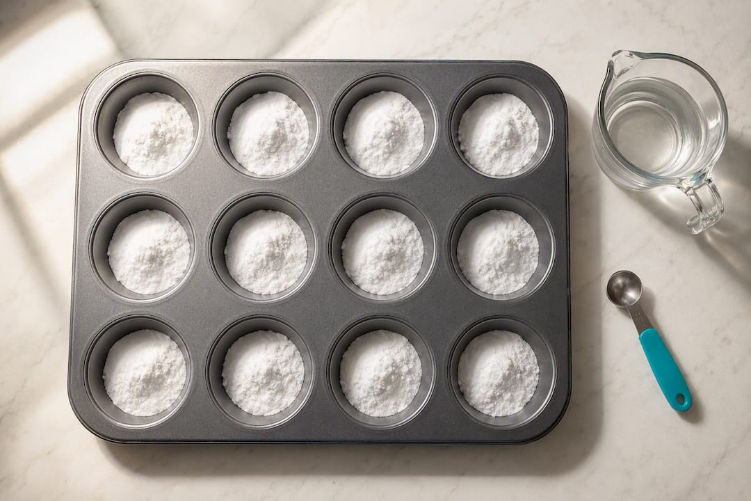 Muffin tin holding premeasured baking soda