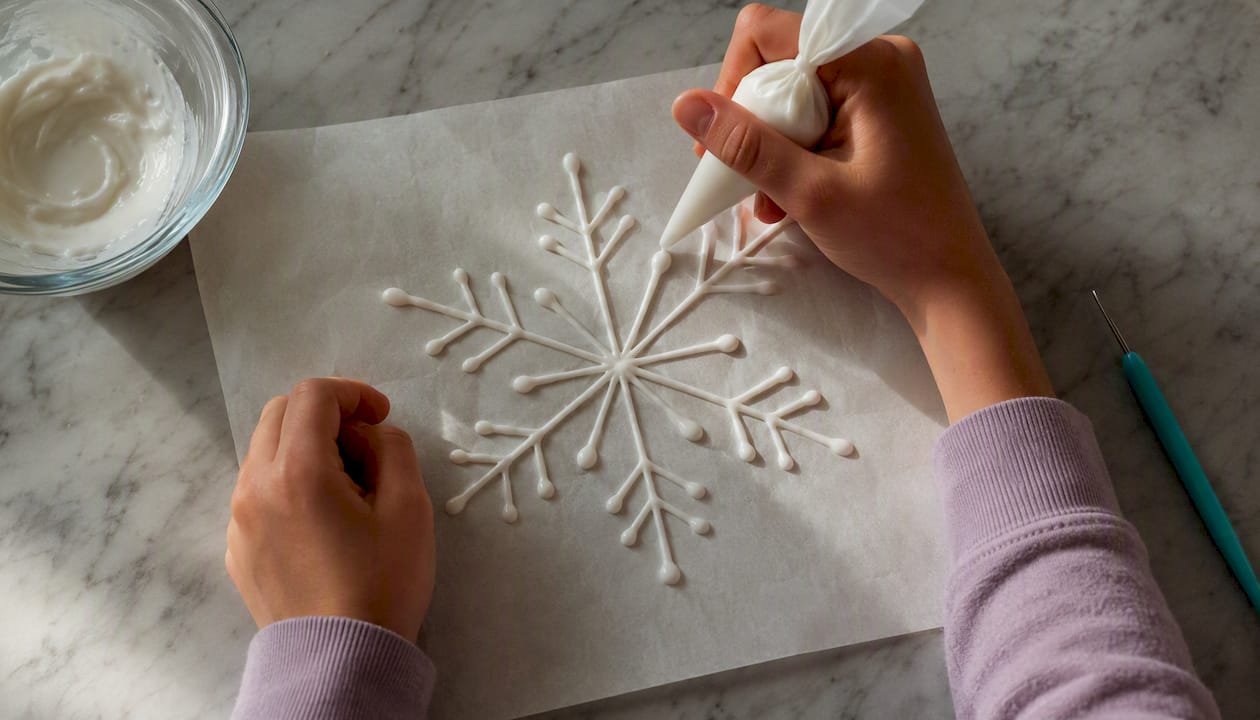 Hands piping geometric icing snowflake