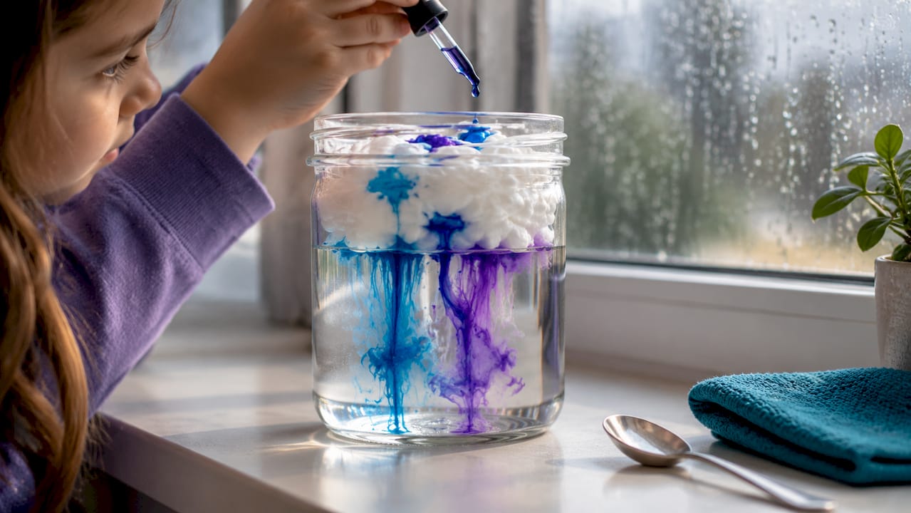 Colored rain falling through shaving cream