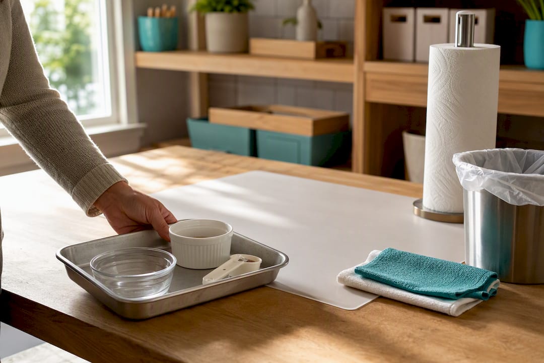 Prepared home science workspace with cleanup supplies