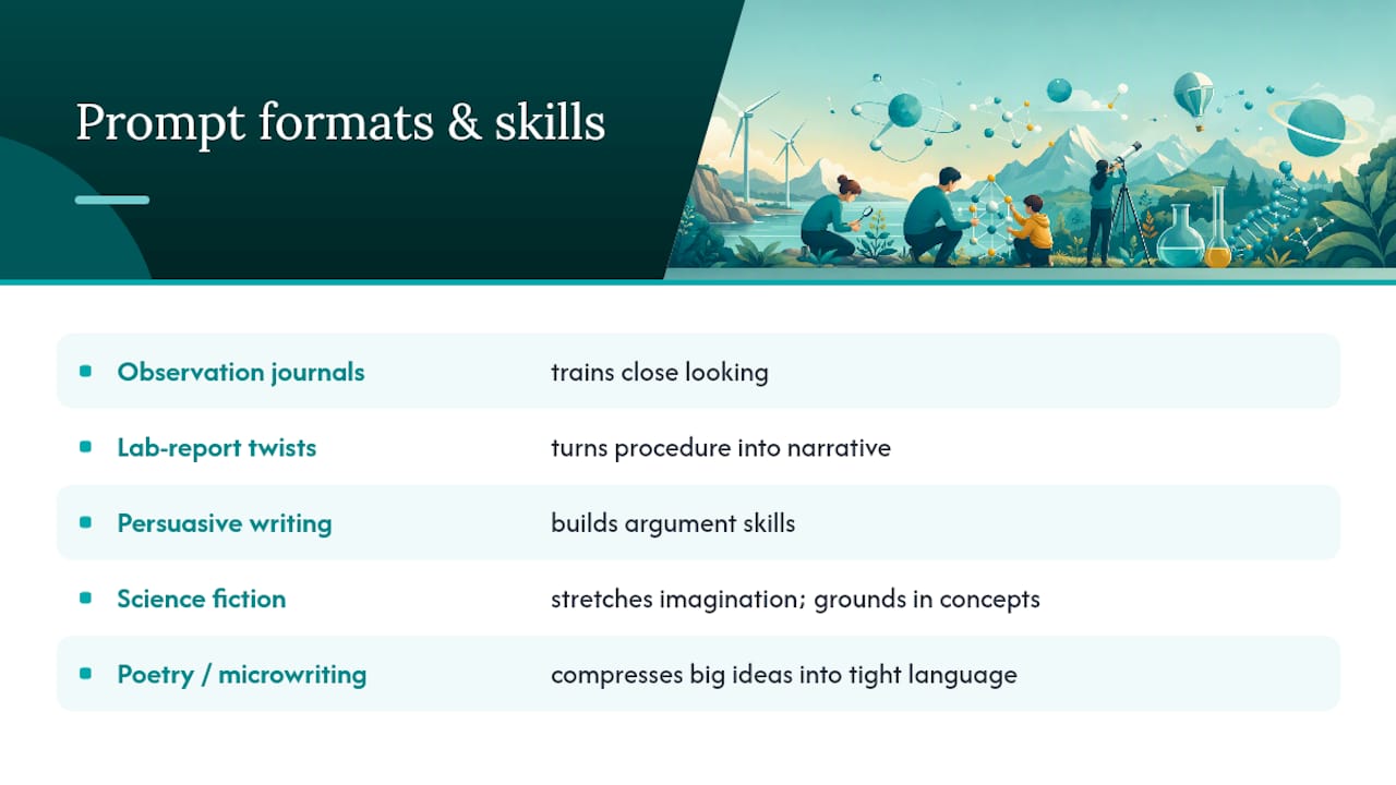 Five science writing prompt formats and skills