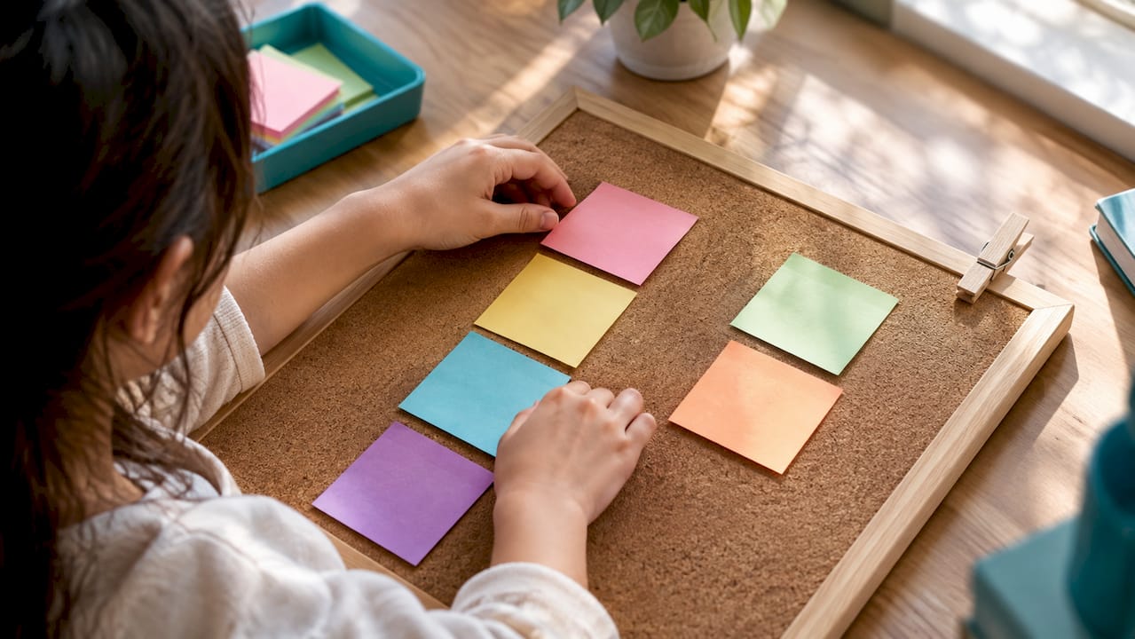 Hands arranging sticky notes for writing