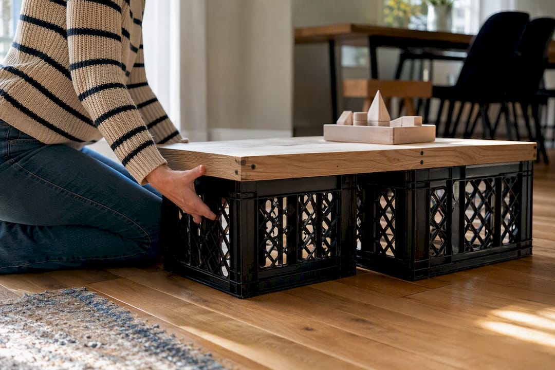 Milk crates raising a child-sized workbench