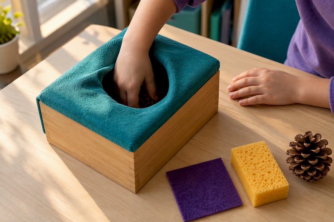 Child explores contrasting textures by touch