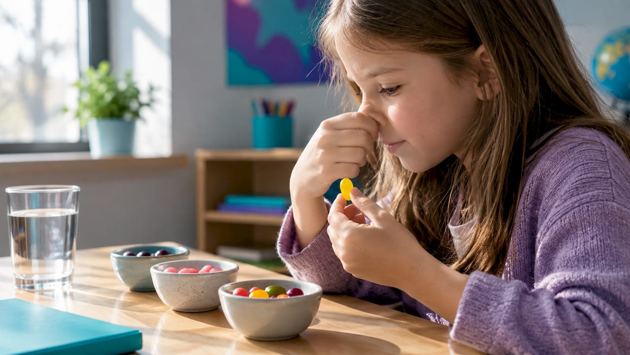 Child pinches nose during jelly bean test