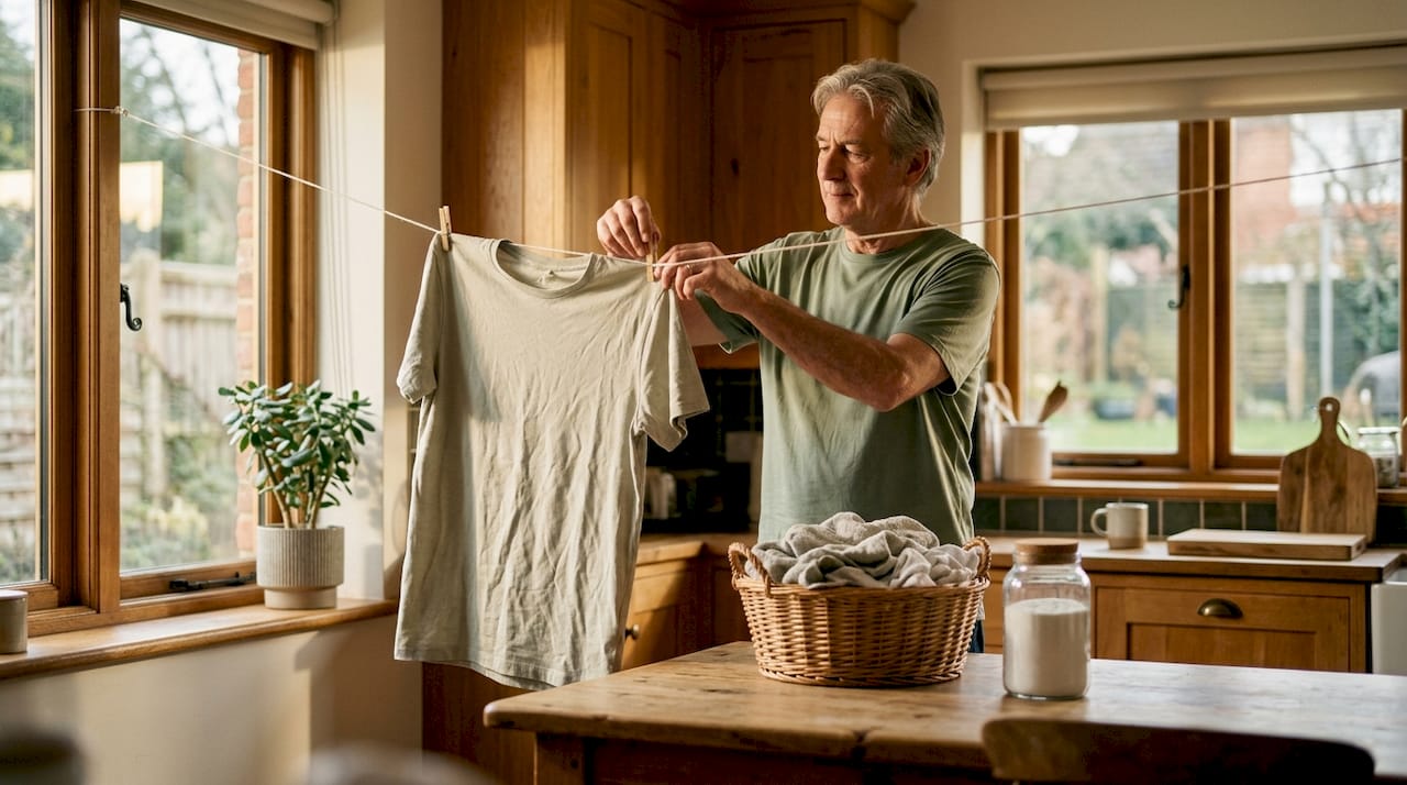 A man hanging organic cotton clothes to dry on a line.