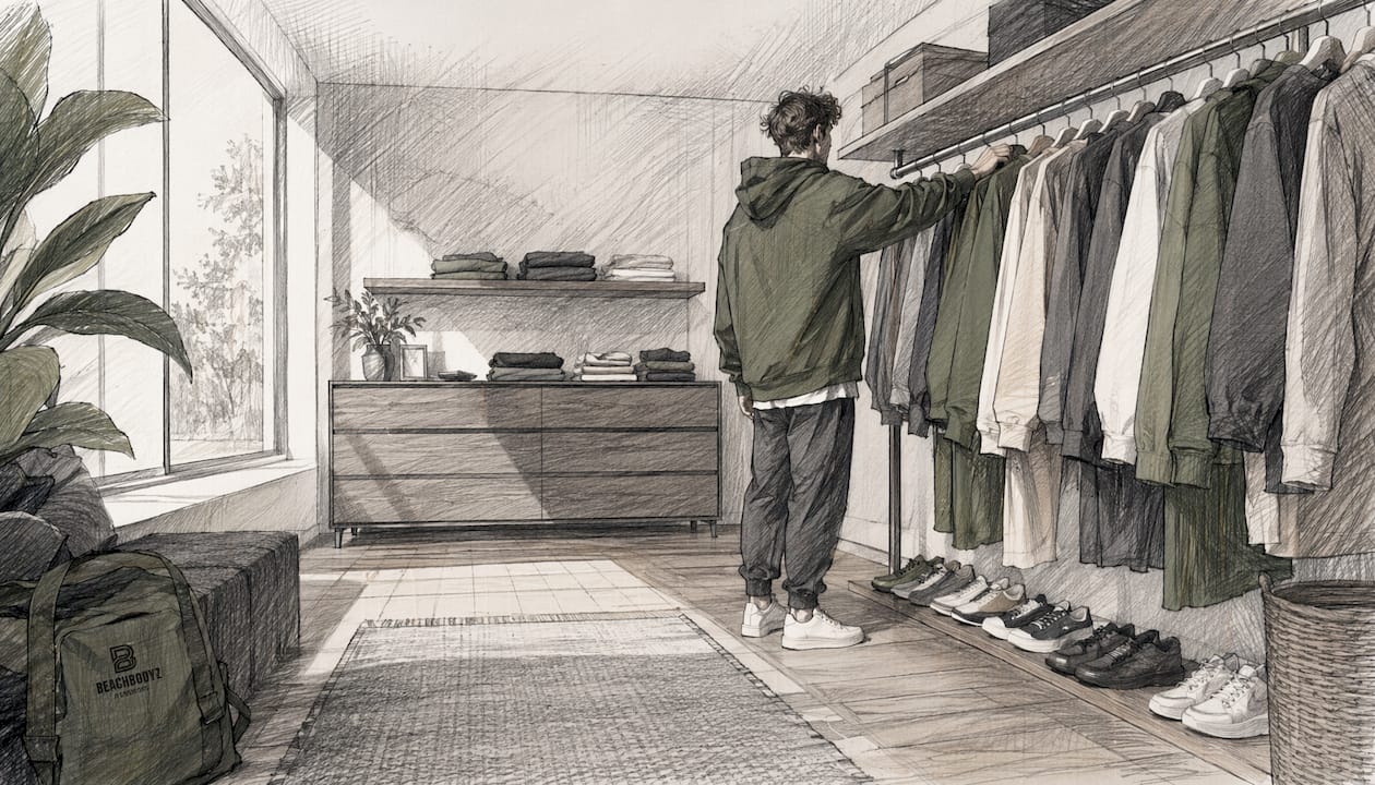 Une personne saisit spécifiquement des vêtements dans une garde-robe bien organisée.